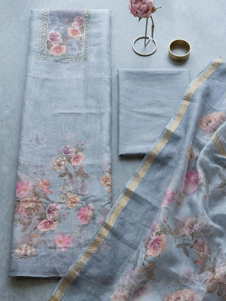 Embroidered Linen Blend Unstitched Suit With Pant &amp; Dupatta