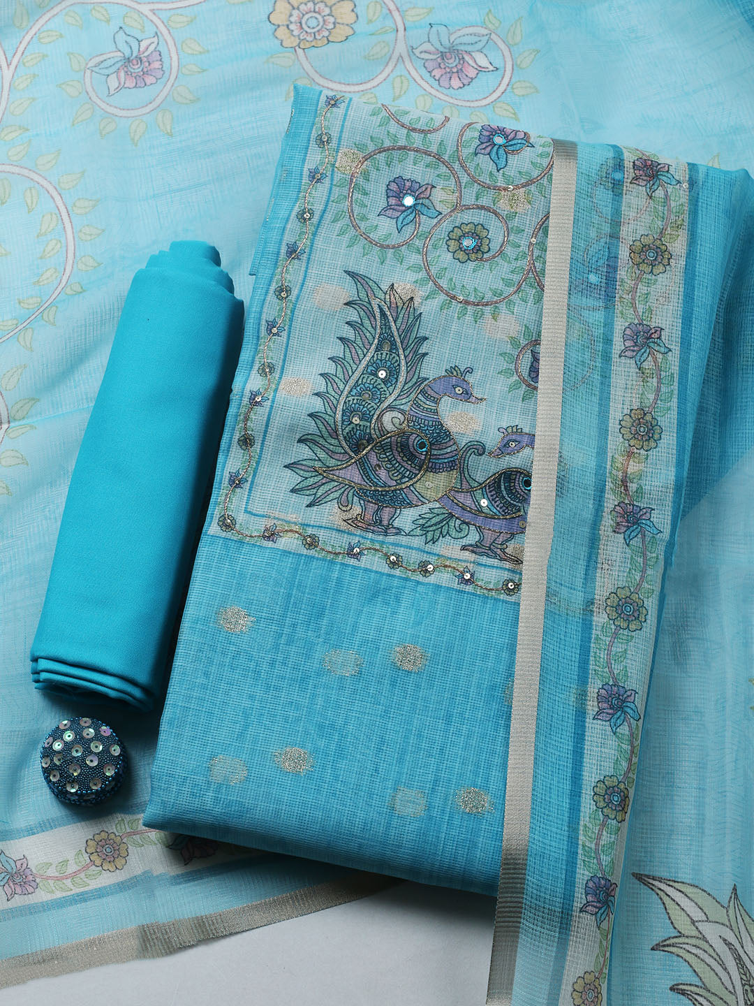 Embroidered Cotton Blend Unstitched Suit With Pant &amp; Dupatta