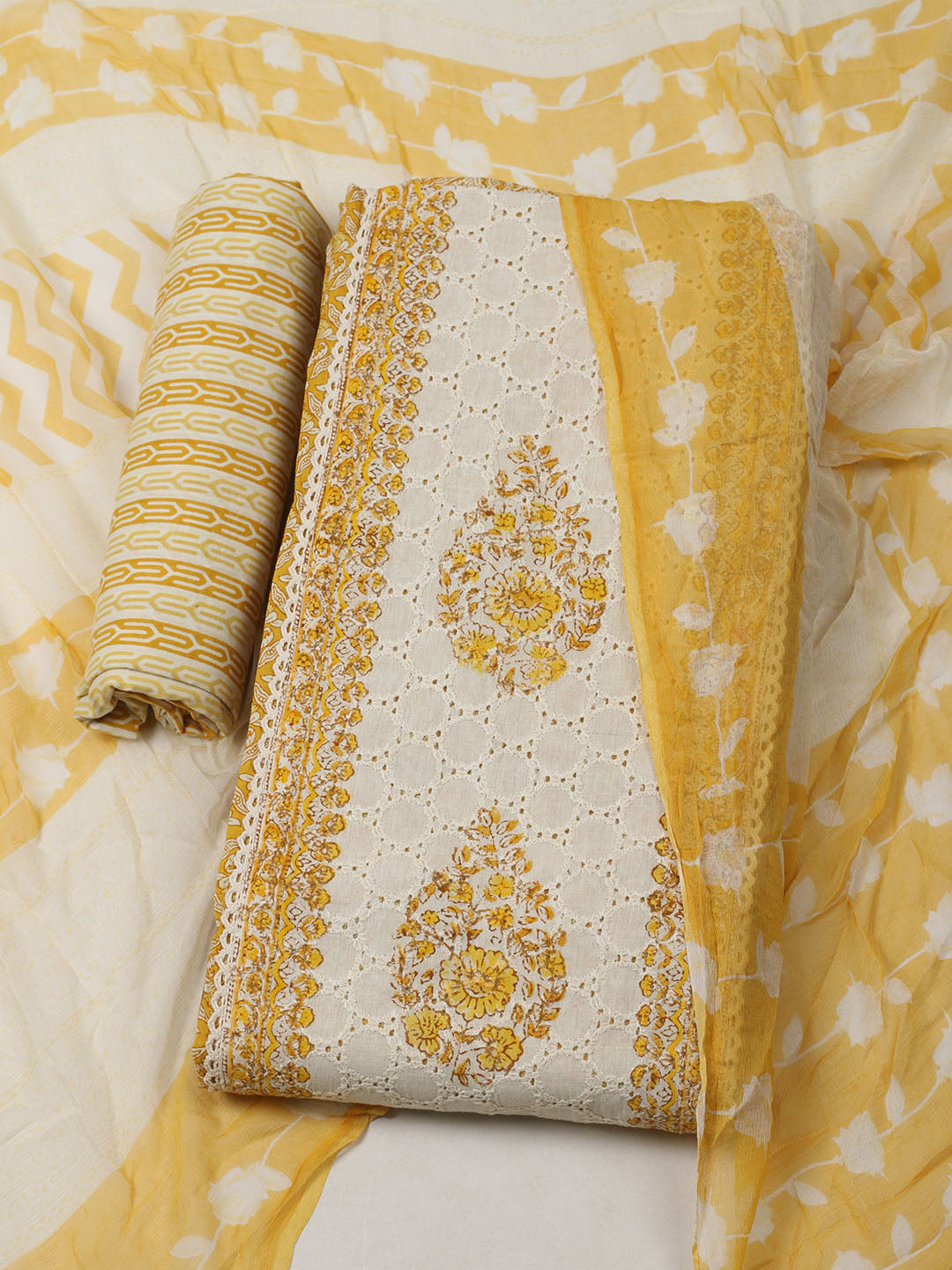 Embroidered Cotton Unstitched Suit With Pant Dupatta