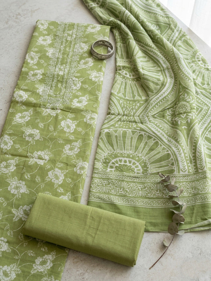 Printed Cotton Blend Unstitched Suit With Pant &amp; Dupatta