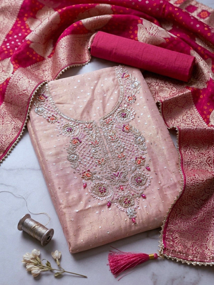 Embroidered Tissue Unstitched Suit With Pant &amp; Dupatta