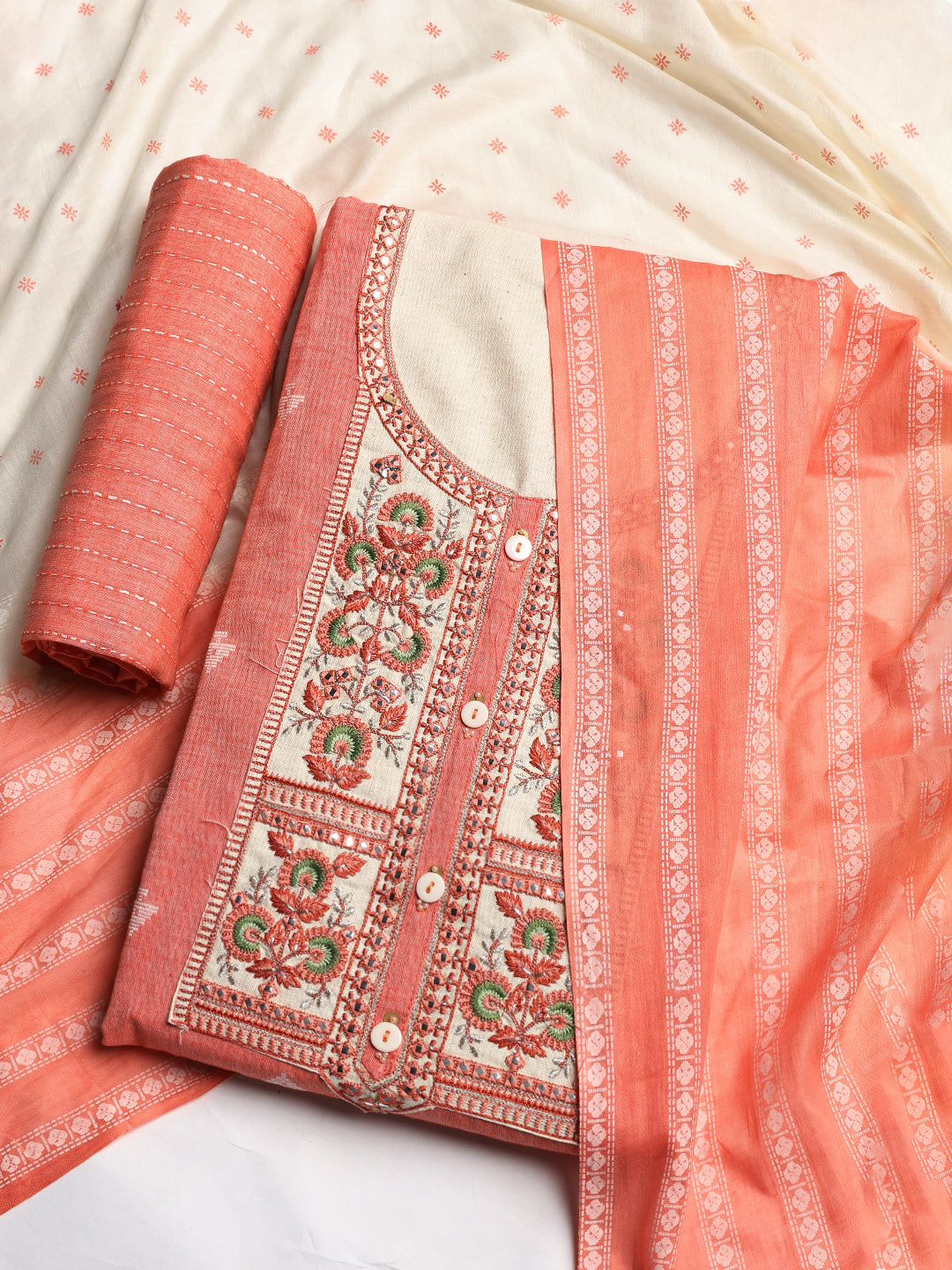 Neck Embroidered Cotton Blend Unstitched Suit With Dupatta