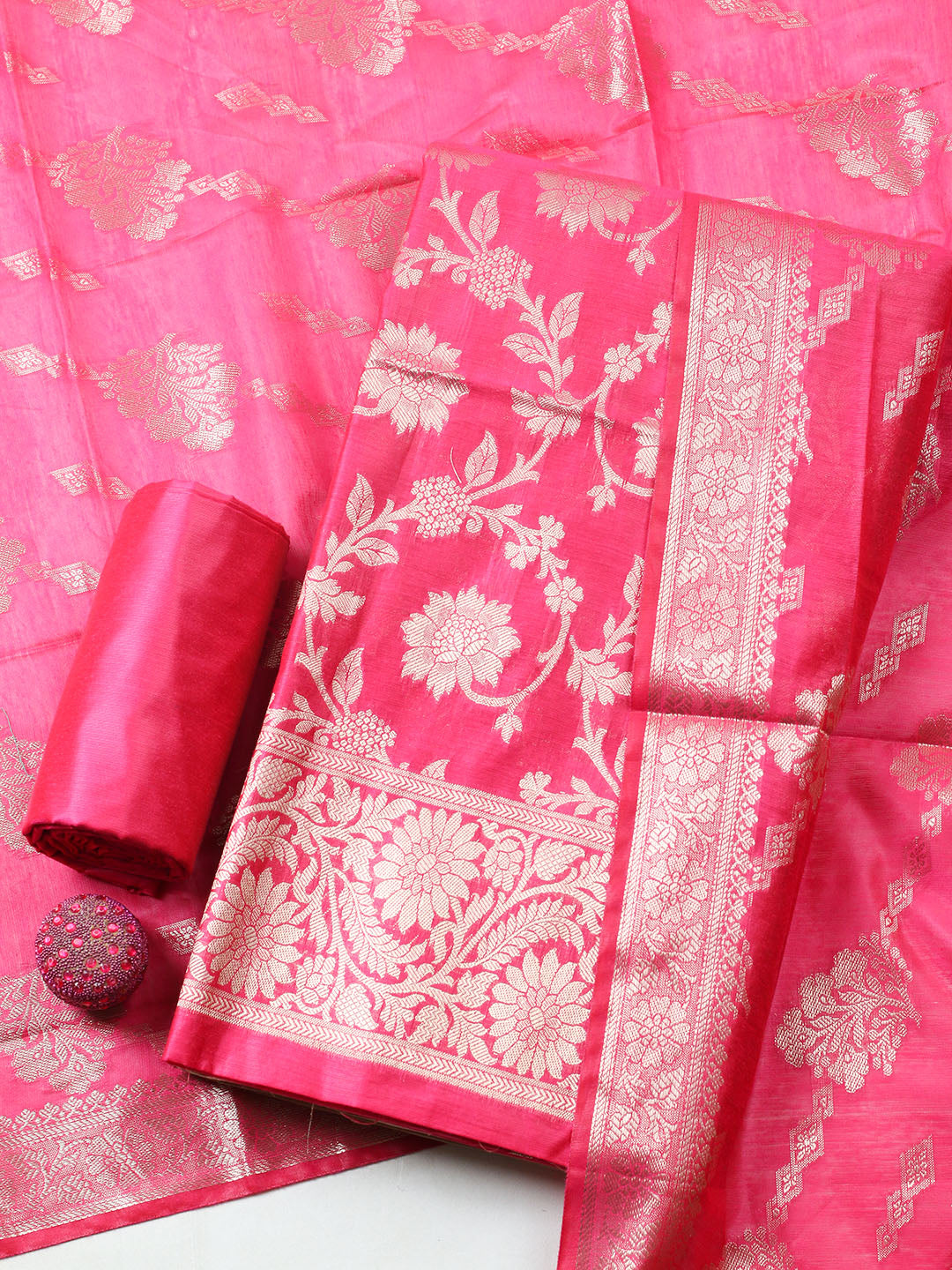 Woven Design Chanderi Unstitched Suit With Pant Dupatta
