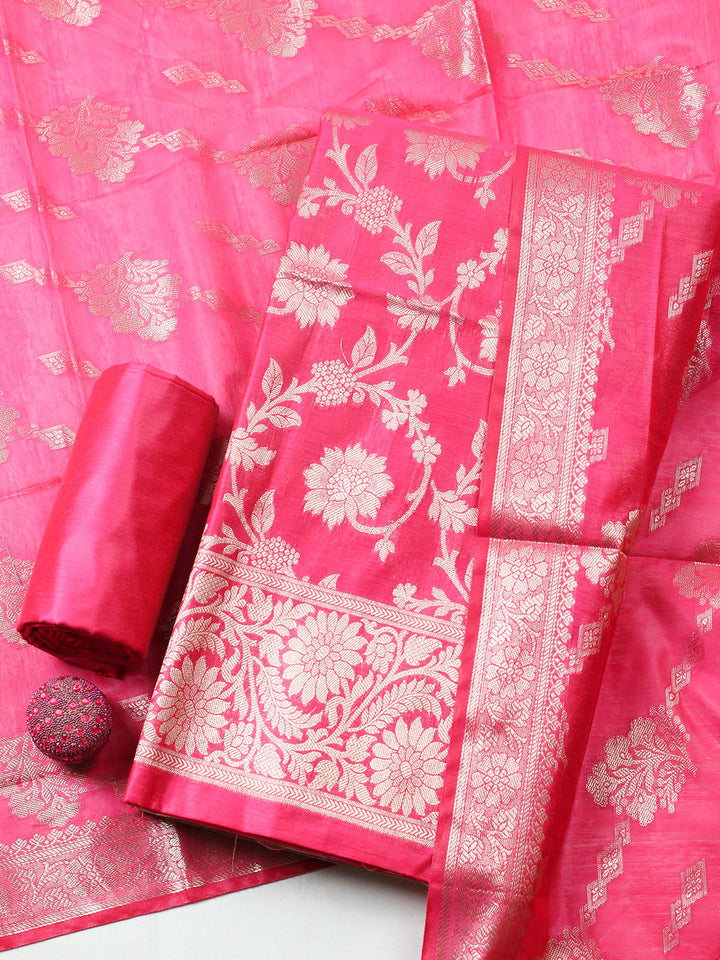 Woven Design Chanderi Unstitched Suit With Pant Dupatta