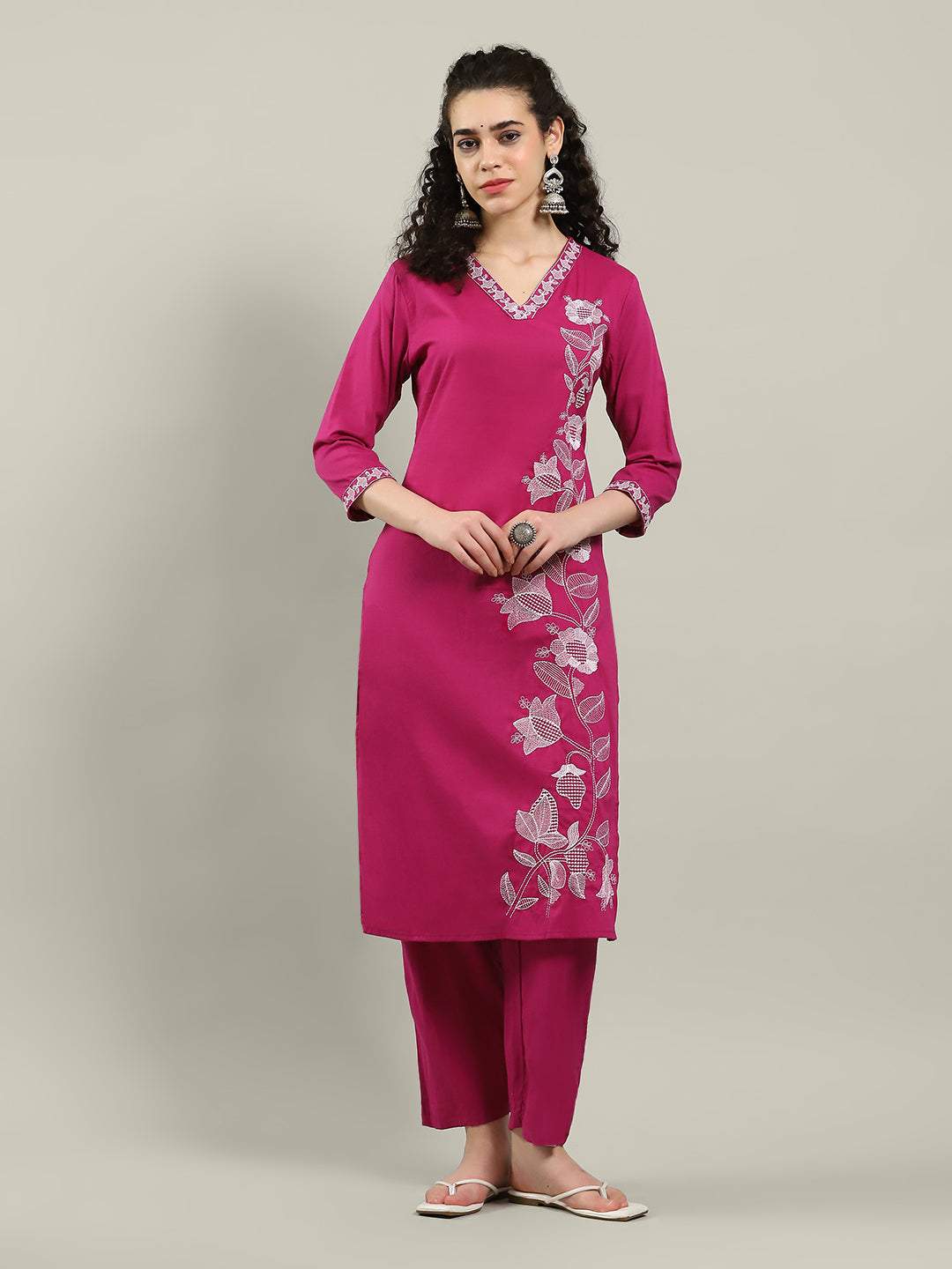 Embroidered Cotton Blend Kurta With Pants