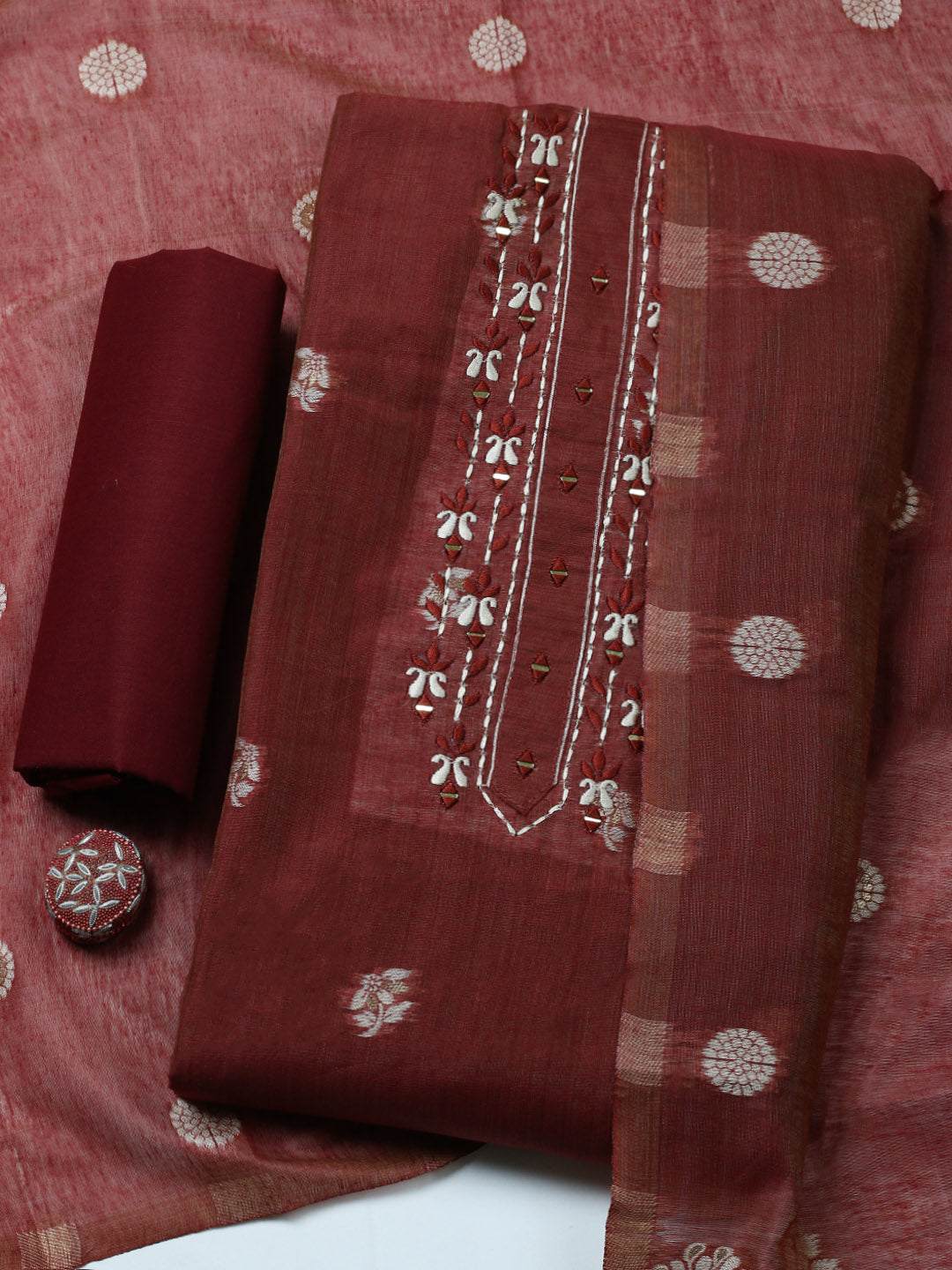 Embroidered Cotton Blend Unstitched Suit With Pant &amp; Dupatta