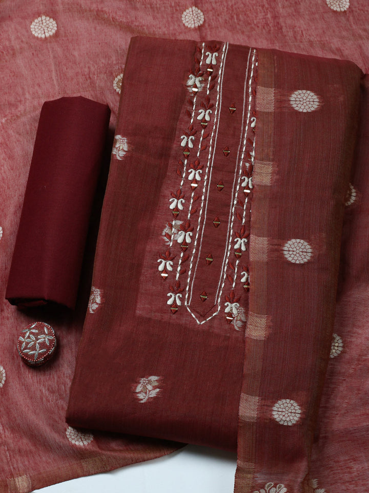 Embroidered Cotton Blend Unstitched Suit With Pant &amp; Dupatta