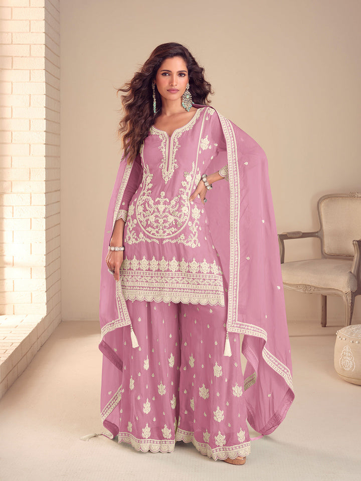 Embroidered Chinon Kurta With Plazzo &amp; Dupatta