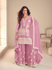 Embroidered Chinon Kurta With Plazzo & Dupatta