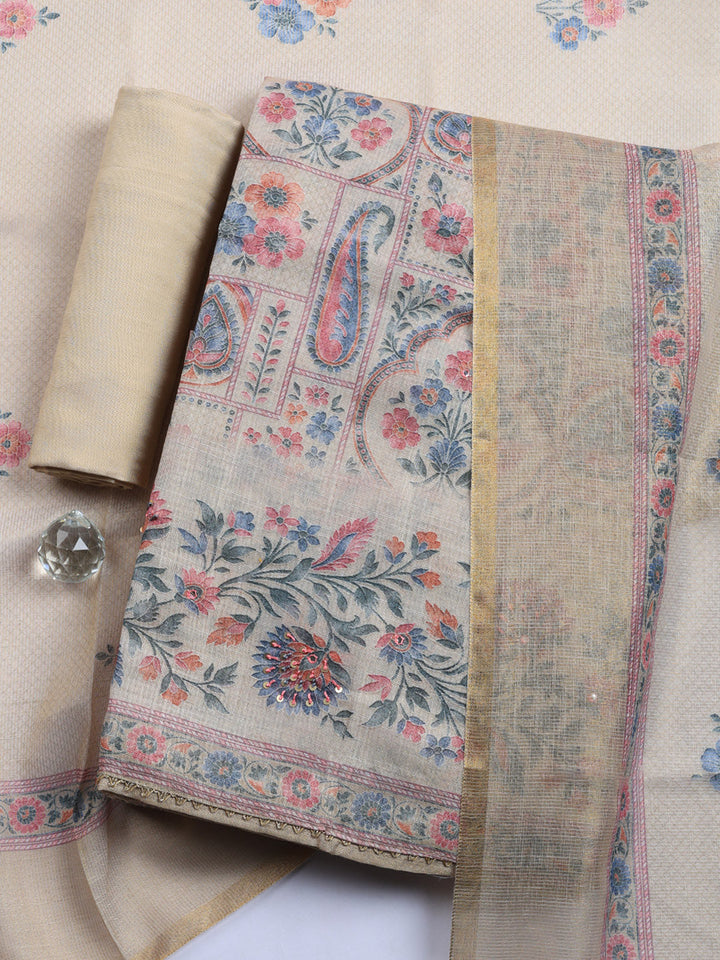 Printed Linen Blend Unstitched Suit With Pant &amp; Dupatta