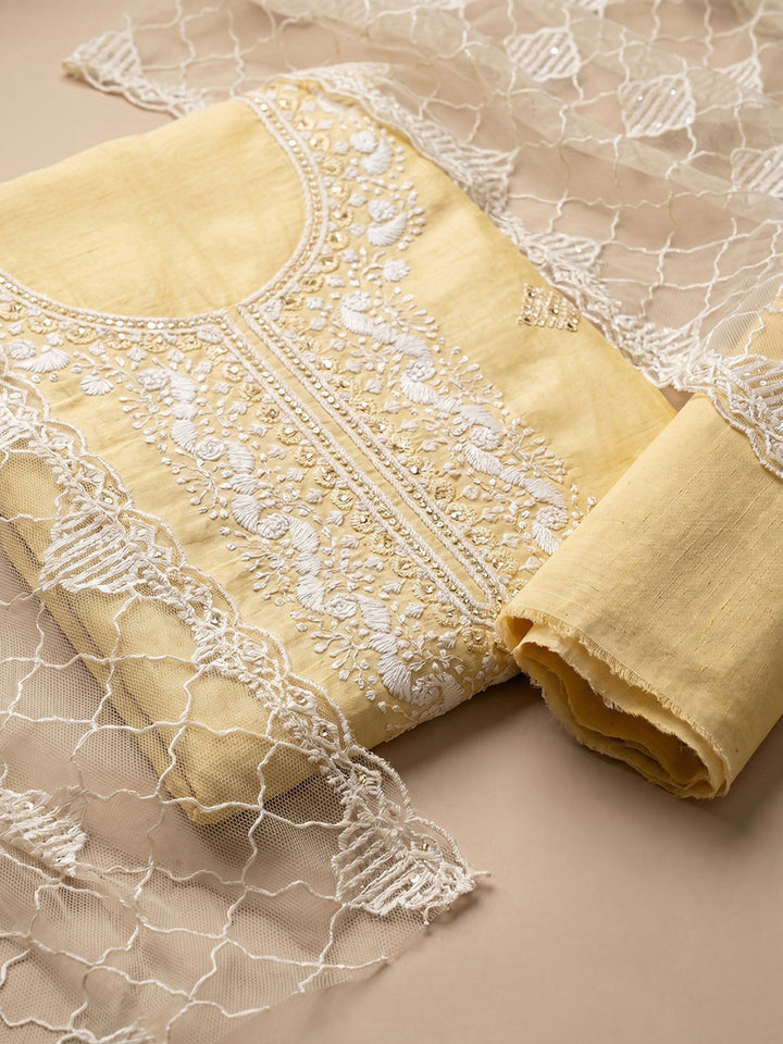 Neck Embroidered Chanderi Unstitched Suit With Dupatta
