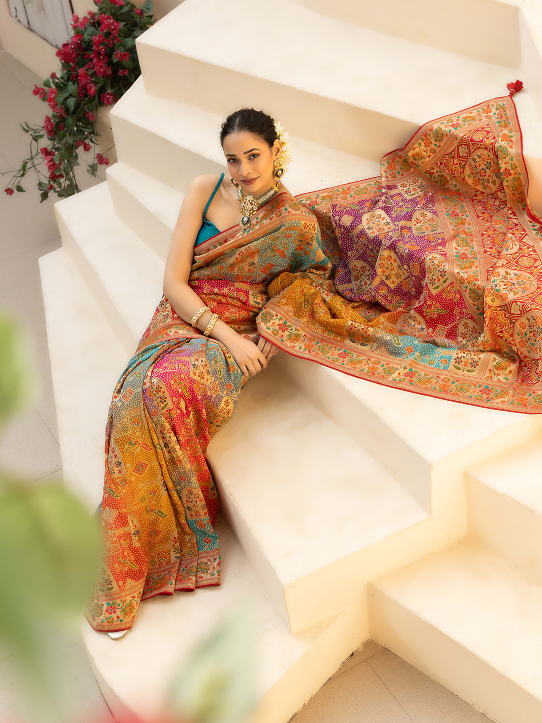 Printed &amp; Plain Georgette Saree