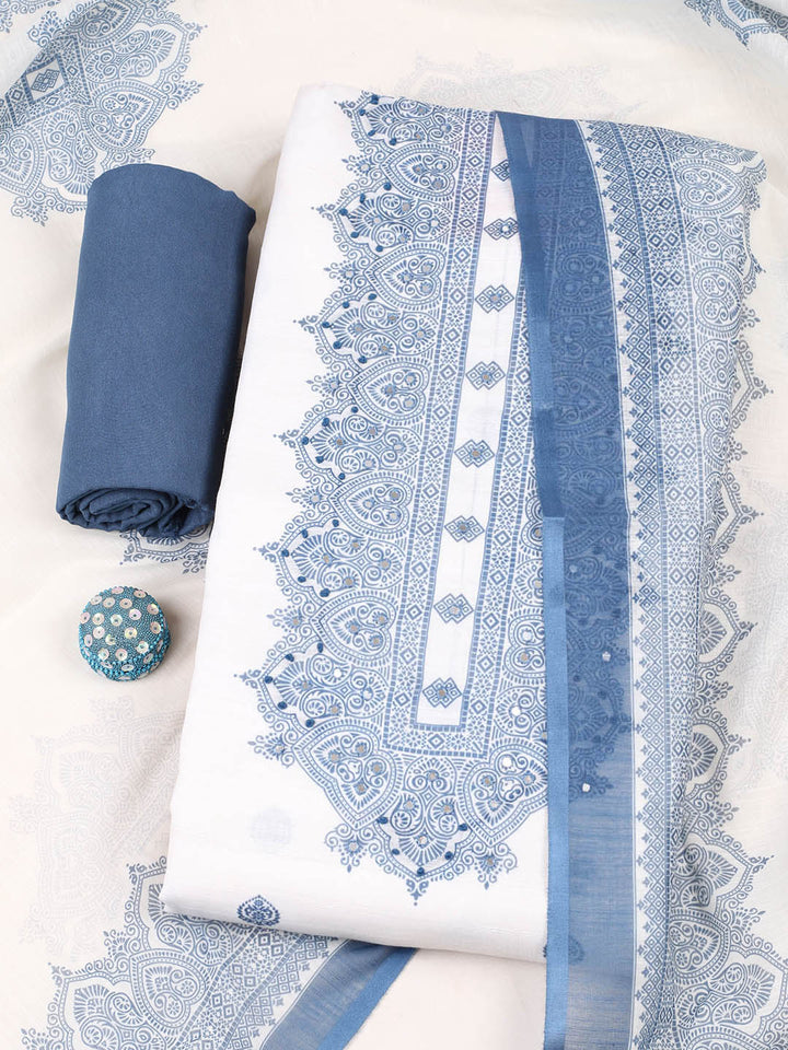 Printed Cotton Blend Unstitched Suit With Pant &amp; Dupatta
