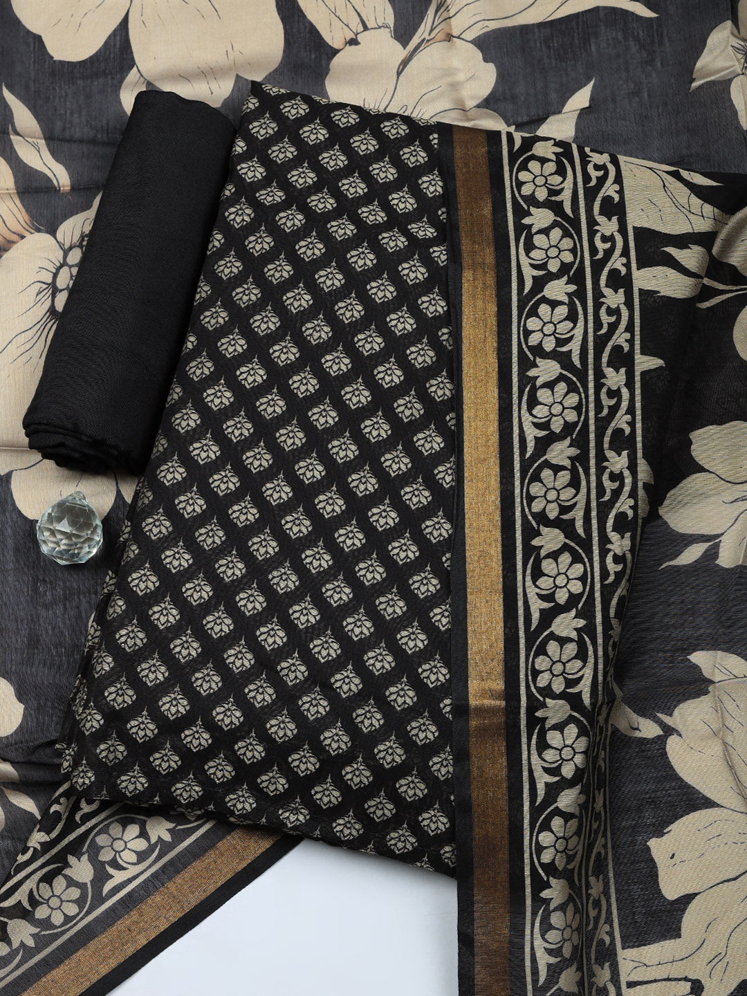 Printed Chanderi Unstitched Suit With Pant &amp; Dupatta