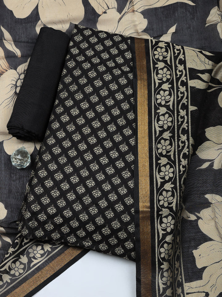 Printed Chanderi Unstitched Suit With Pant &amp; Dupatta