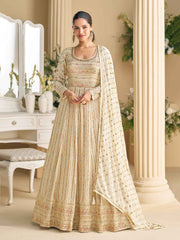 Embroidered Georgette A Line Dress With Dupatta