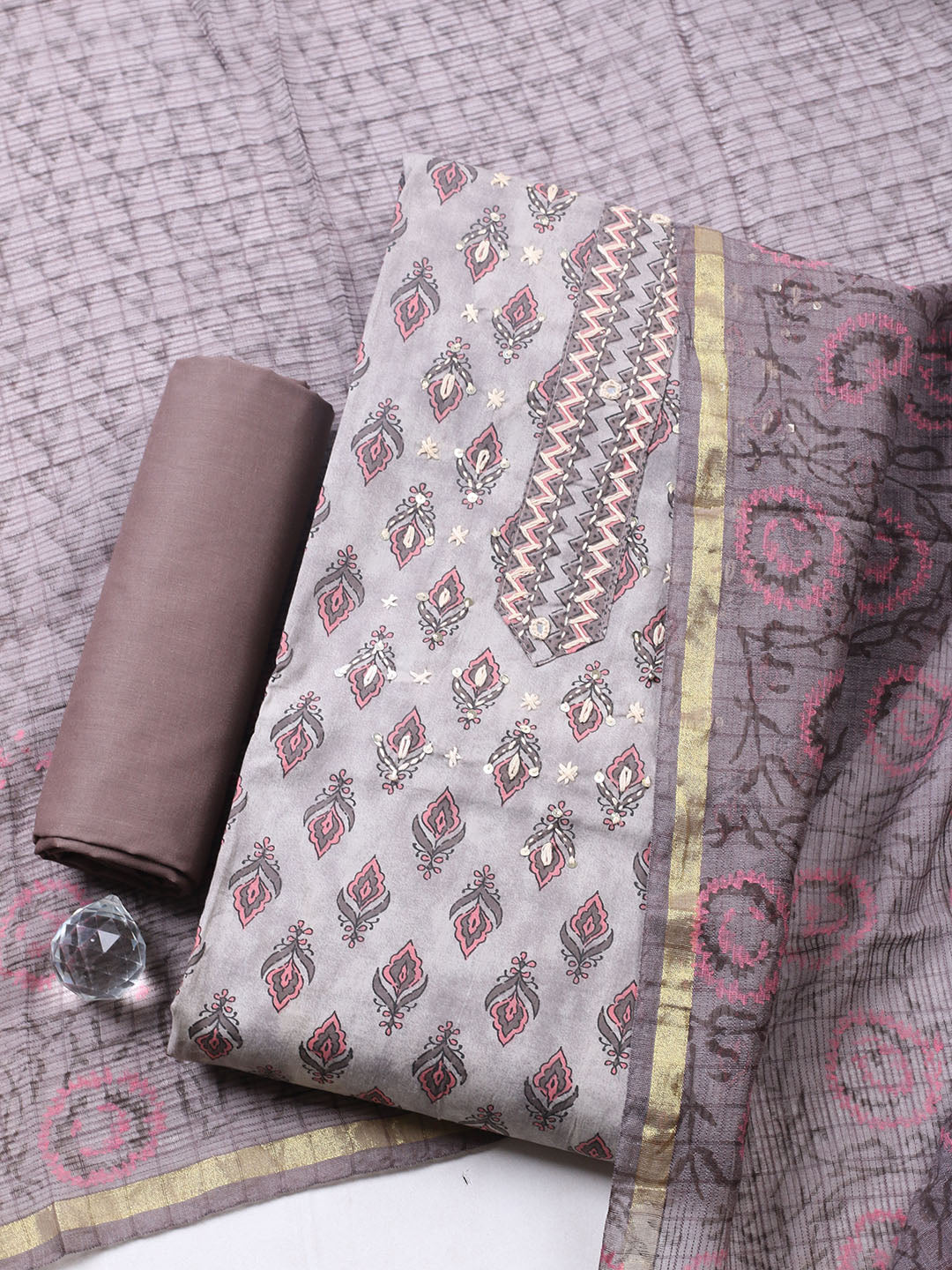 Printed Cotton Blend Unstitched Suit With Pant &amp; Dupatta