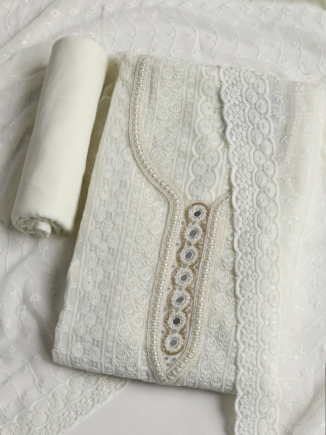 Chikan Work Georgette Unstitched Suit With Dupatta
