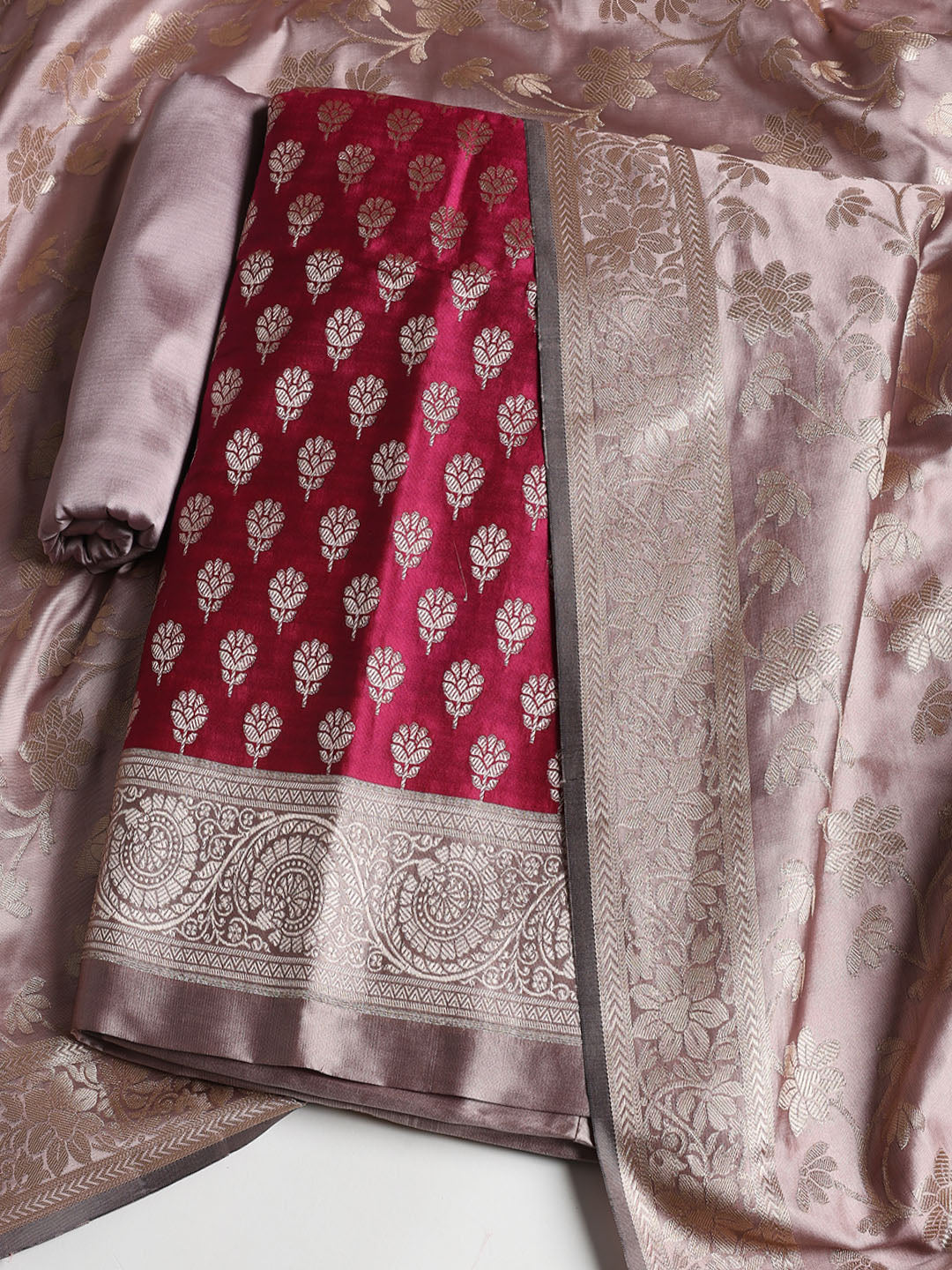 Woven Banarasi Chanderi Unstitched Suit With Dupatta