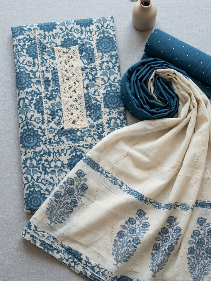 Embroidered Cotton Blend Unstitched Suit With Pant &amp; Dupatta