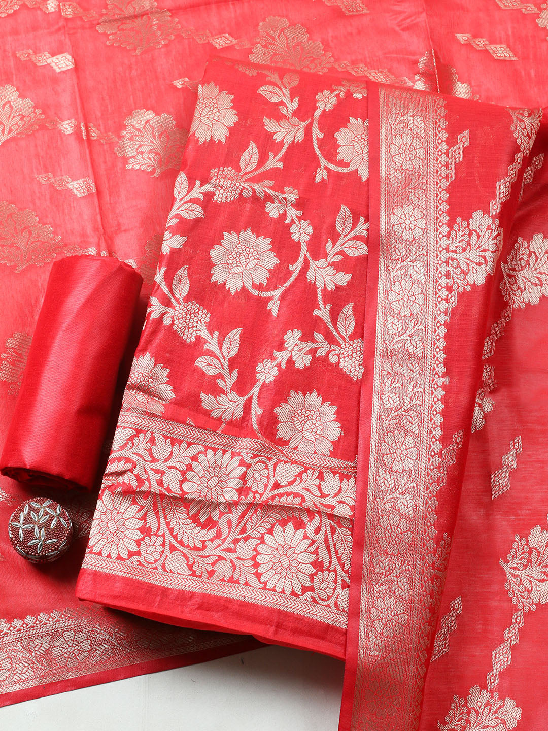 Woven Design Chanderi Unstitched Suit With Pant Dupatta