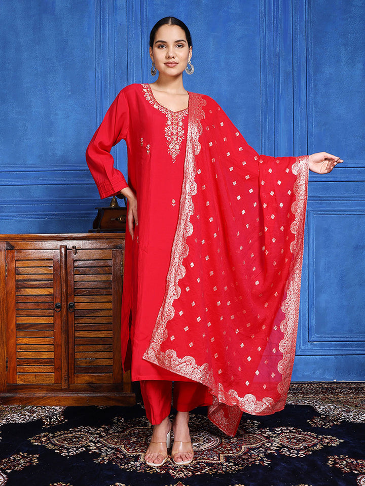 Embroidered Muslin Kurta With Pants &amp; Dupatta
