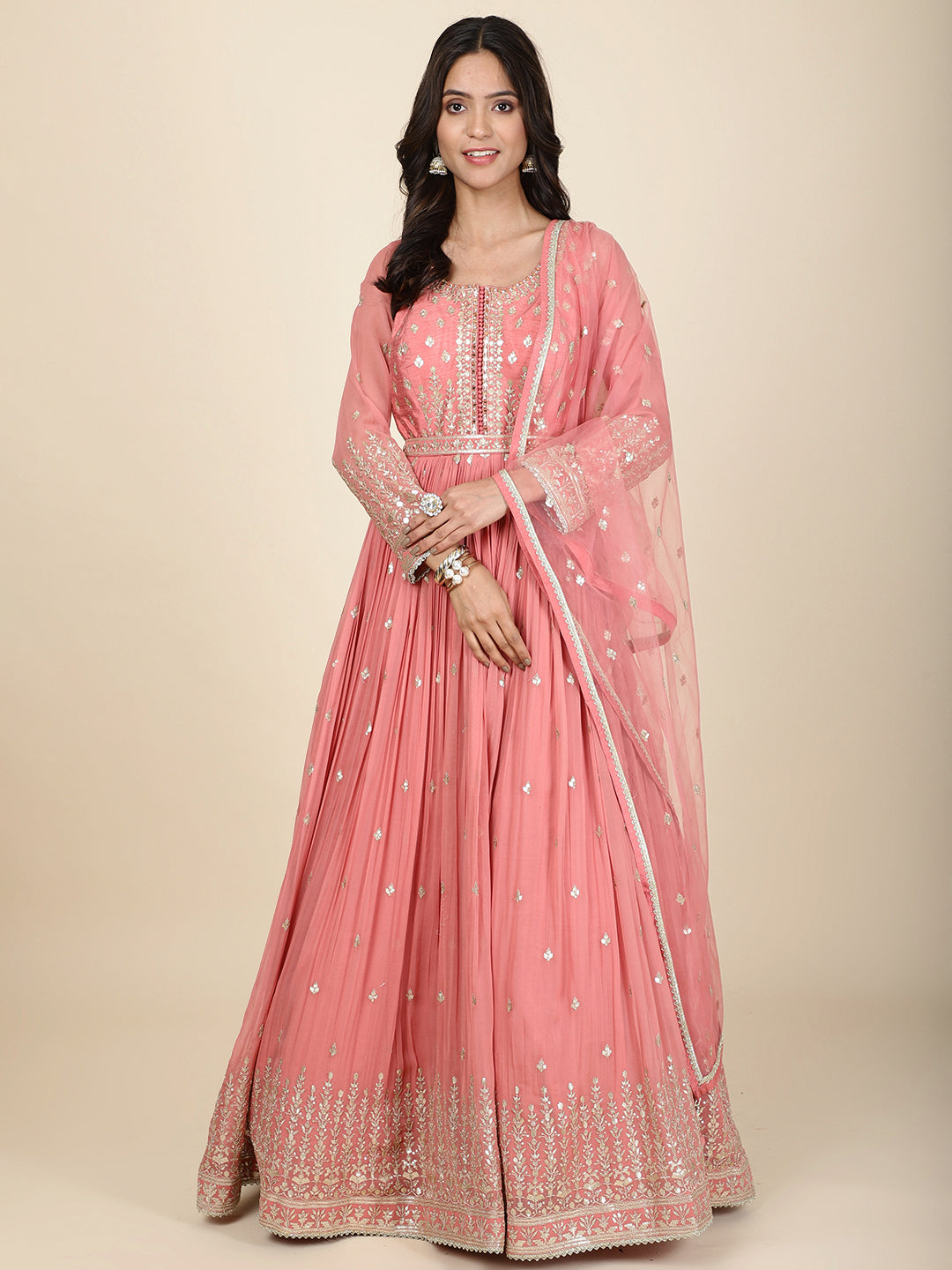 Resham Sequin Embroidery Georgette Kurta With Churidar & Dupatta