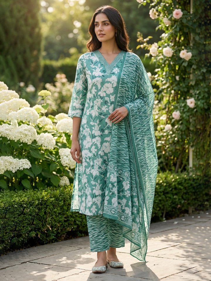 Printed Cotton Blend Kurta With Pant &amp; Dupatta