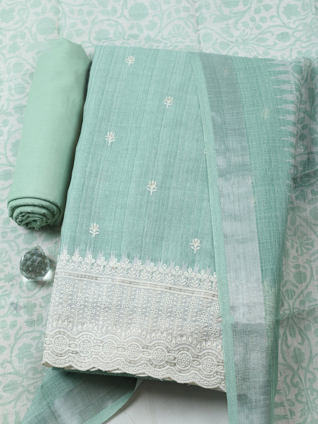 Embroidered Linen Blend Unstitched Suit With Pant &amp; Dupatta