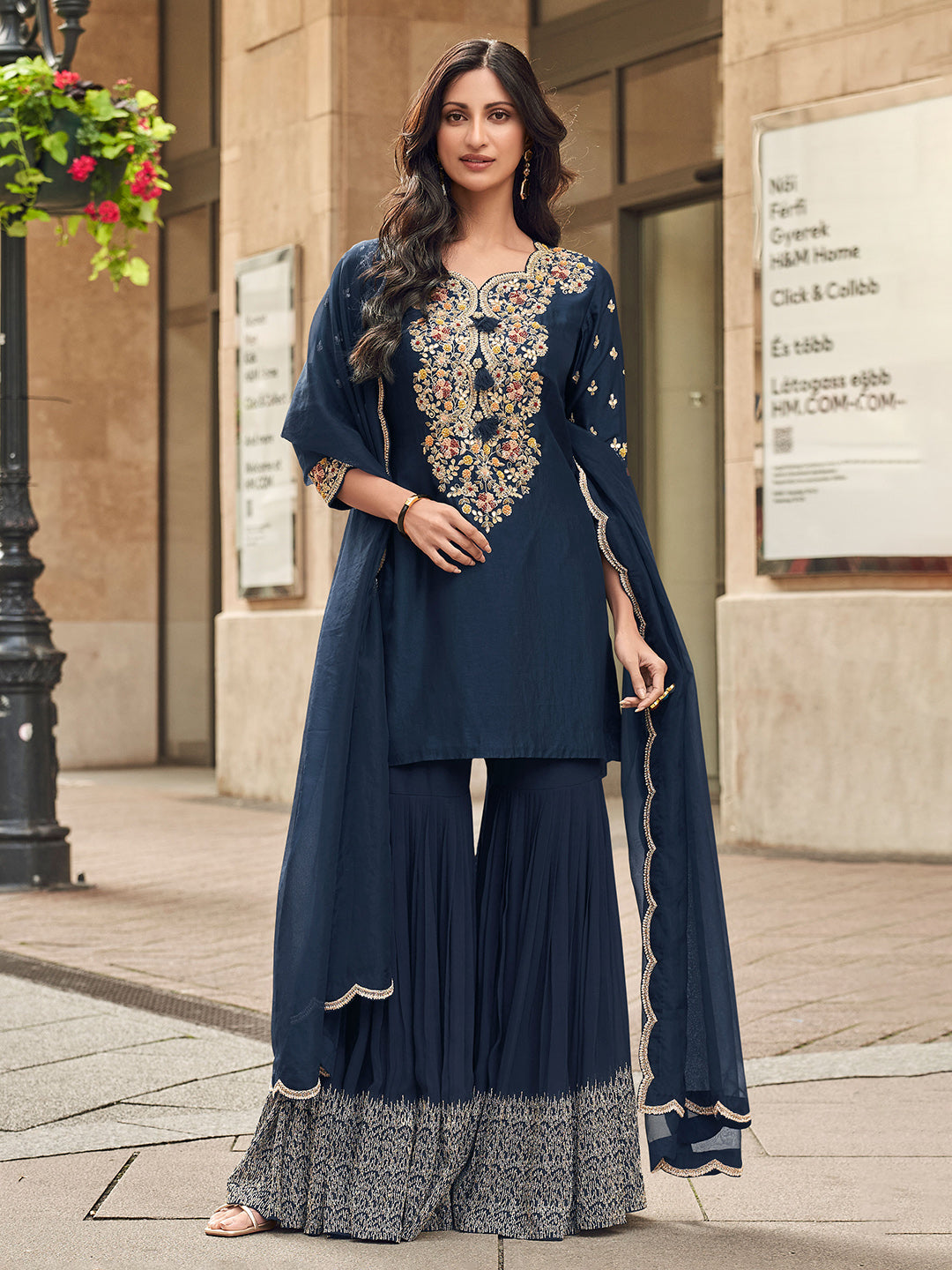 Embroidered Georgette Kurta With Sharara &amp; Dupatta