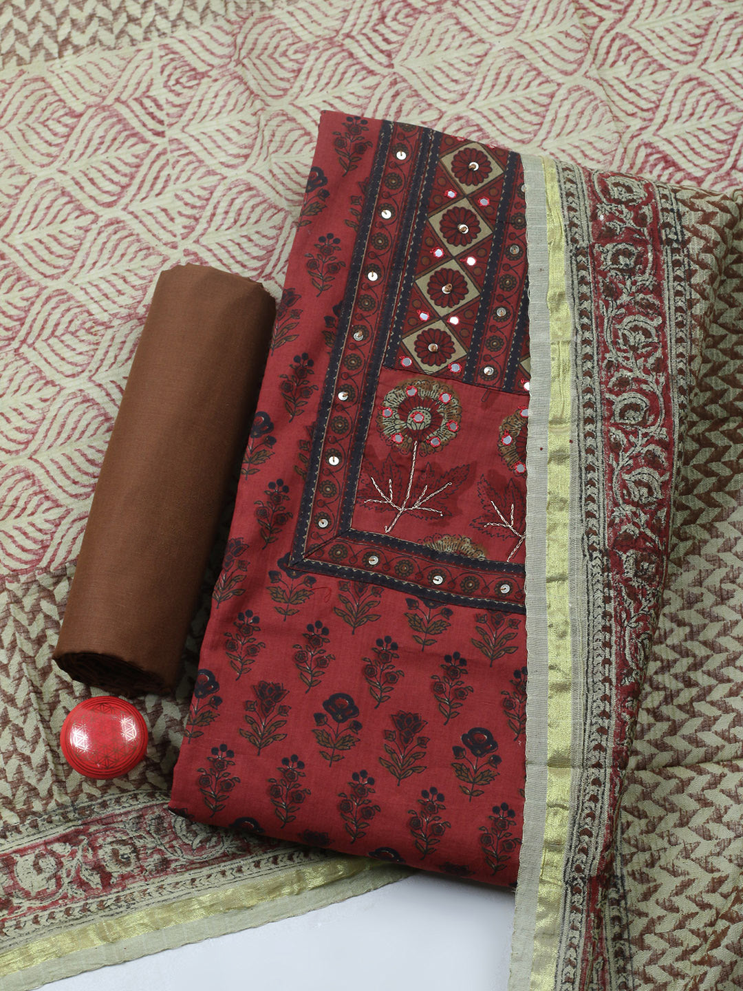 Printed Cotton Blend Unstitched Suit With Pant &amp; Dupatta