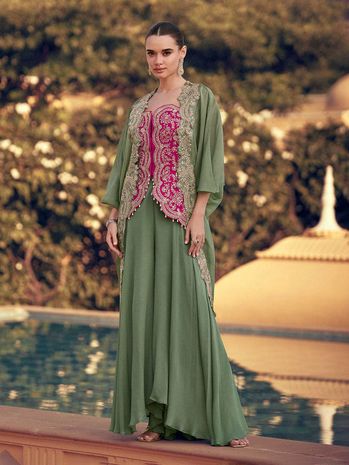 Embroidered Chinon Kurta With Pants &amp; Dupatta