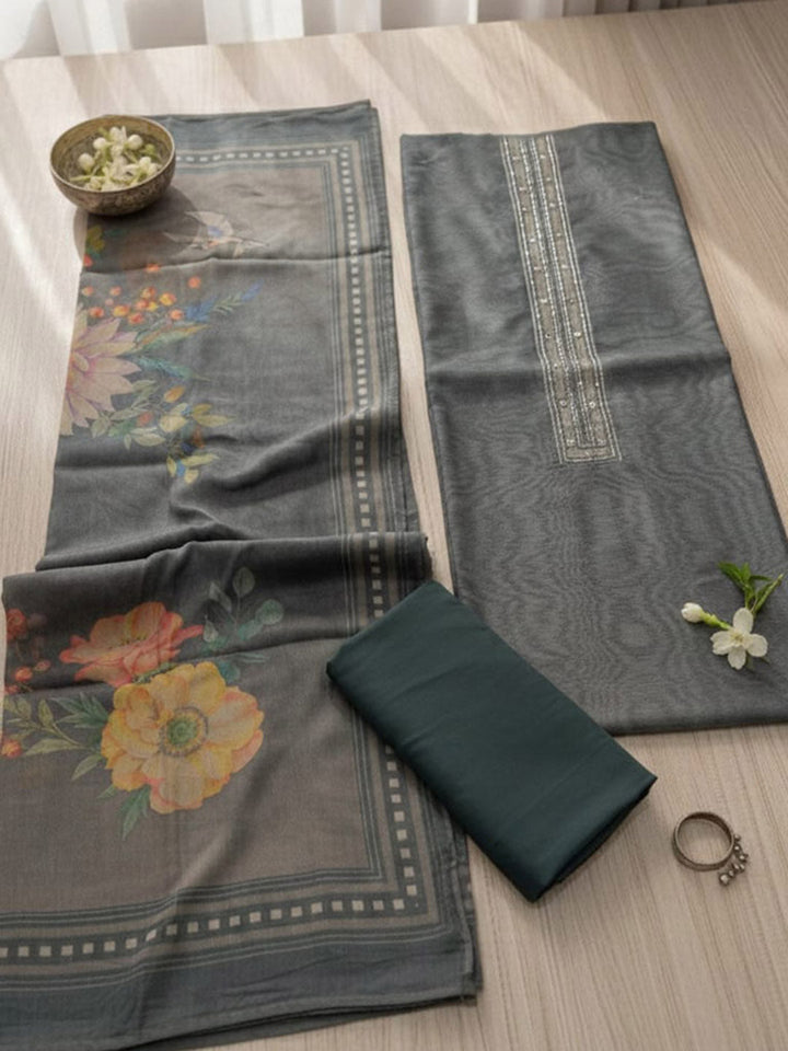 Printed Cotton Blend Unstitched Suit With Pant &amp; Dupatta