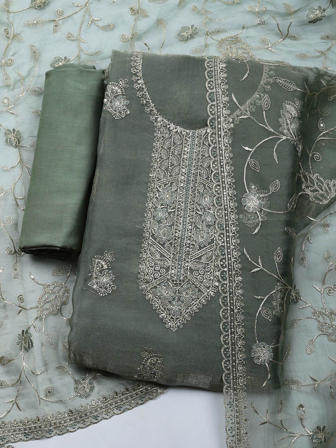 Embroidered Tissue Unstitched Suit With Pant &amp; Dupatta