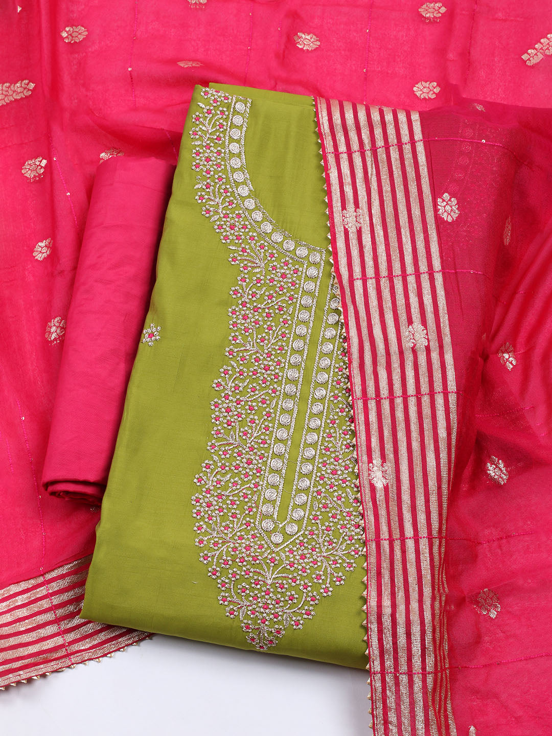 Neck Embroidered Chanderi Unstitched Suit With Dupatta
