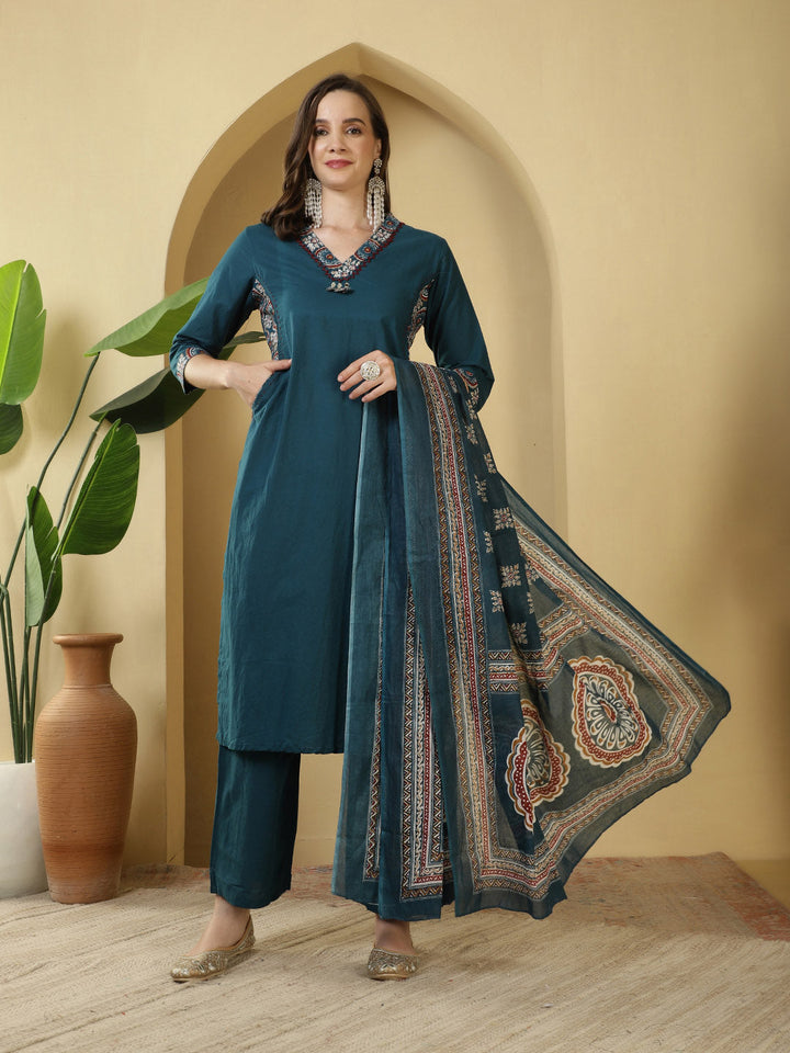 Printed Cotton Blend Kurta With Pants &amp; Dupatta