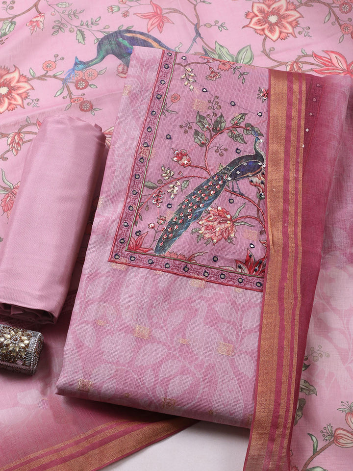 Embroidered Cotton Blend Unstitched Suit With Pant &amp; Dupatta