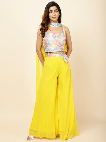 Neck Embroidered Georgette Crop Top With Palazzo & Dupatta