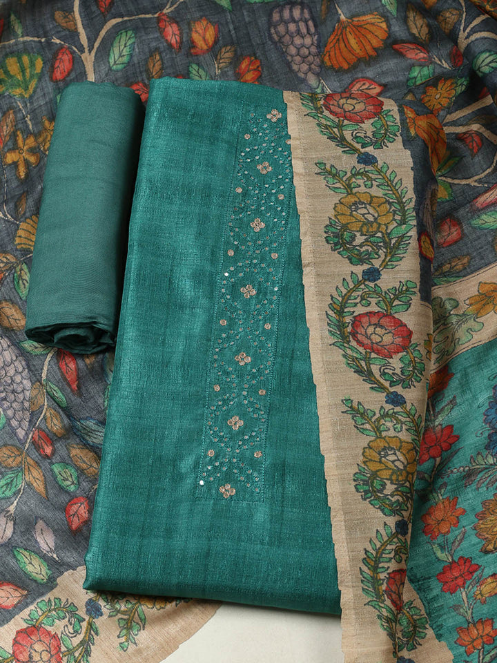 Embroidered Tussar Unstitched Suit With Pant &amp; Dupatta