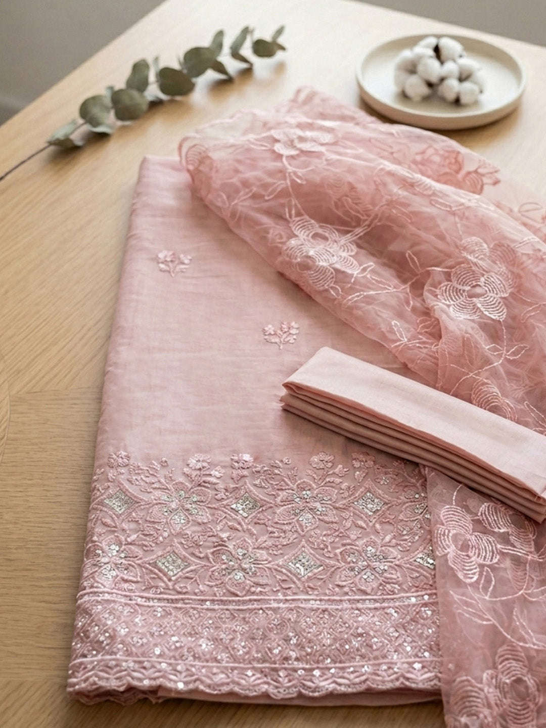 Embroidered Cotton Blend Unstitched Suit With Pant &amp; Dupatta