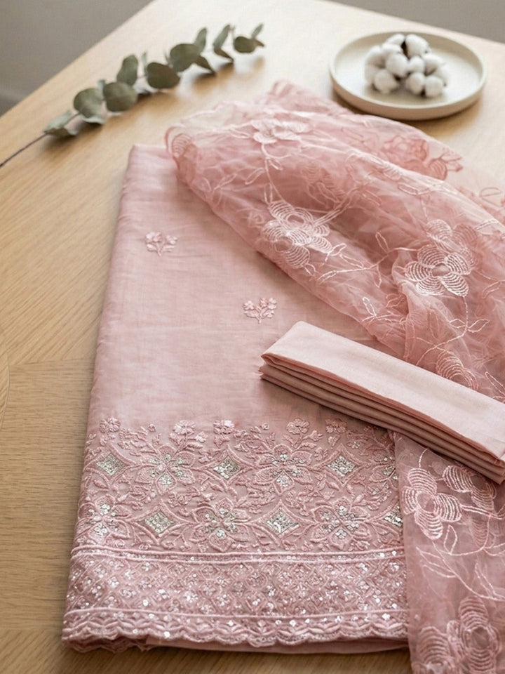 Embroidered Cotton Blend Unstitched Suit With Pant &amp; Dupatta