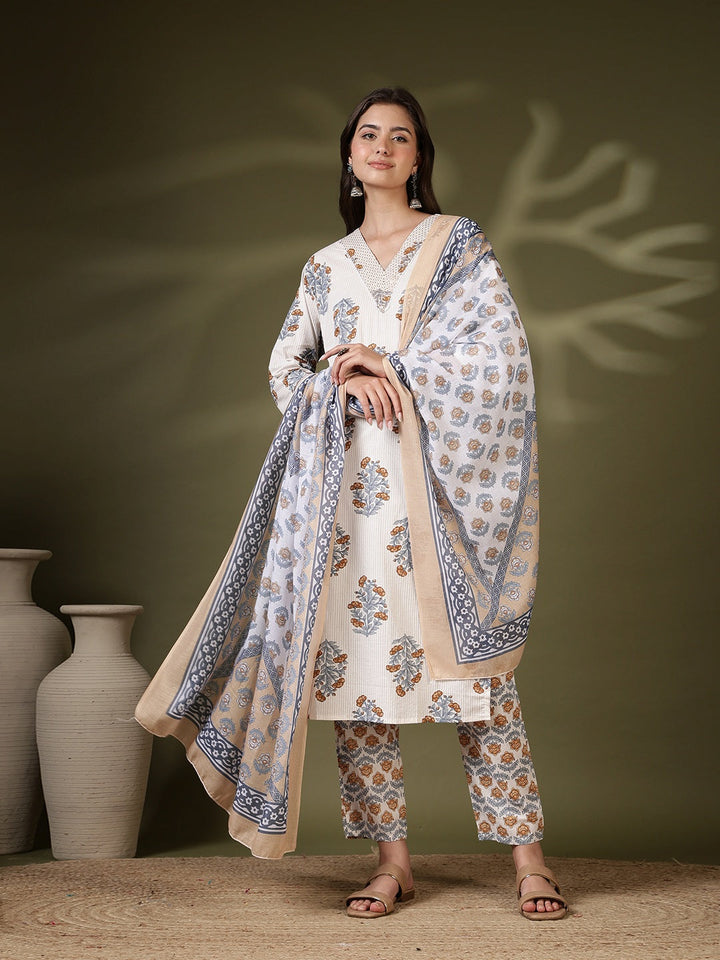 Printed Cotton Blend Kurta With Pant &amp; Dupatta