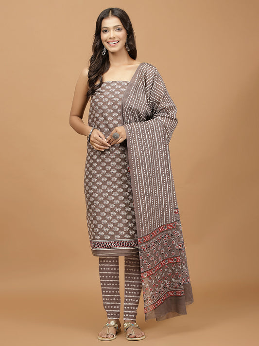 Printed Cotton Blend Unstitched Suit With Dupatta