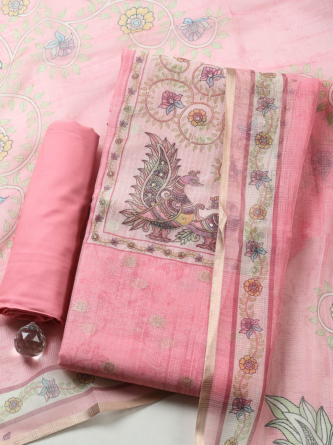 Embroidered Cotton Blend Unstitched Suit With Pant &amp; Dupatta