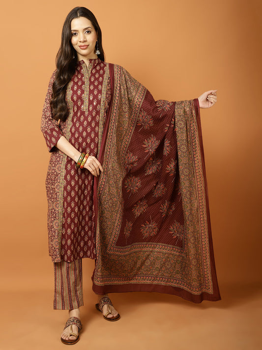 Printed Cotton Blend Suit Set with Dupatta