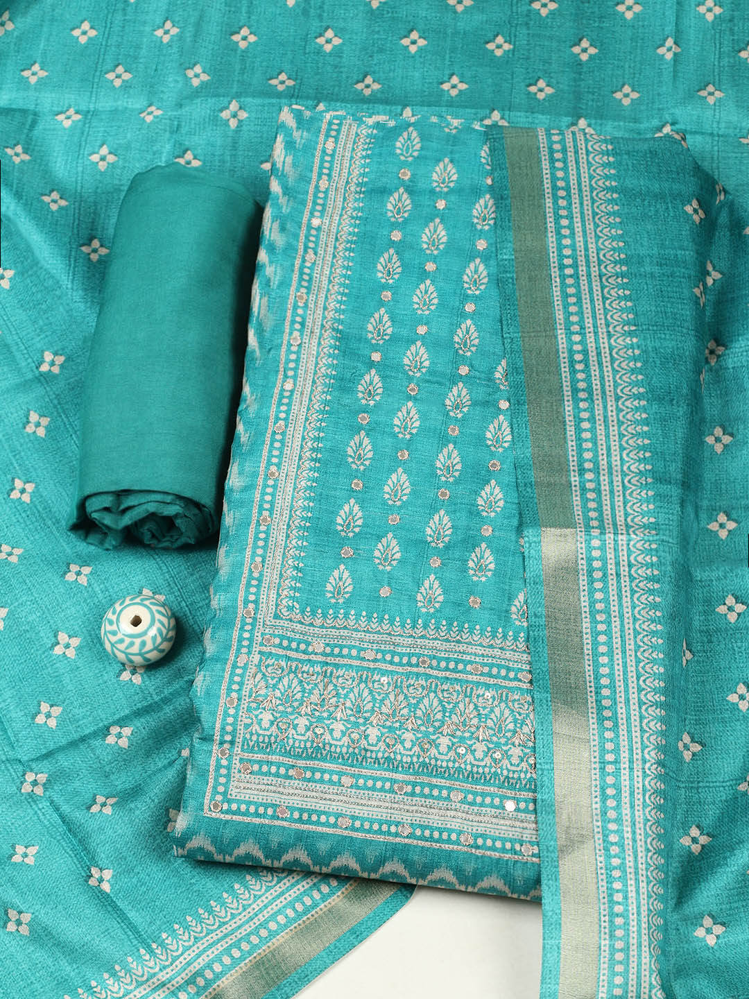Embroidered Chanderi Unstitched Suit With Pant &amp; Dupatta