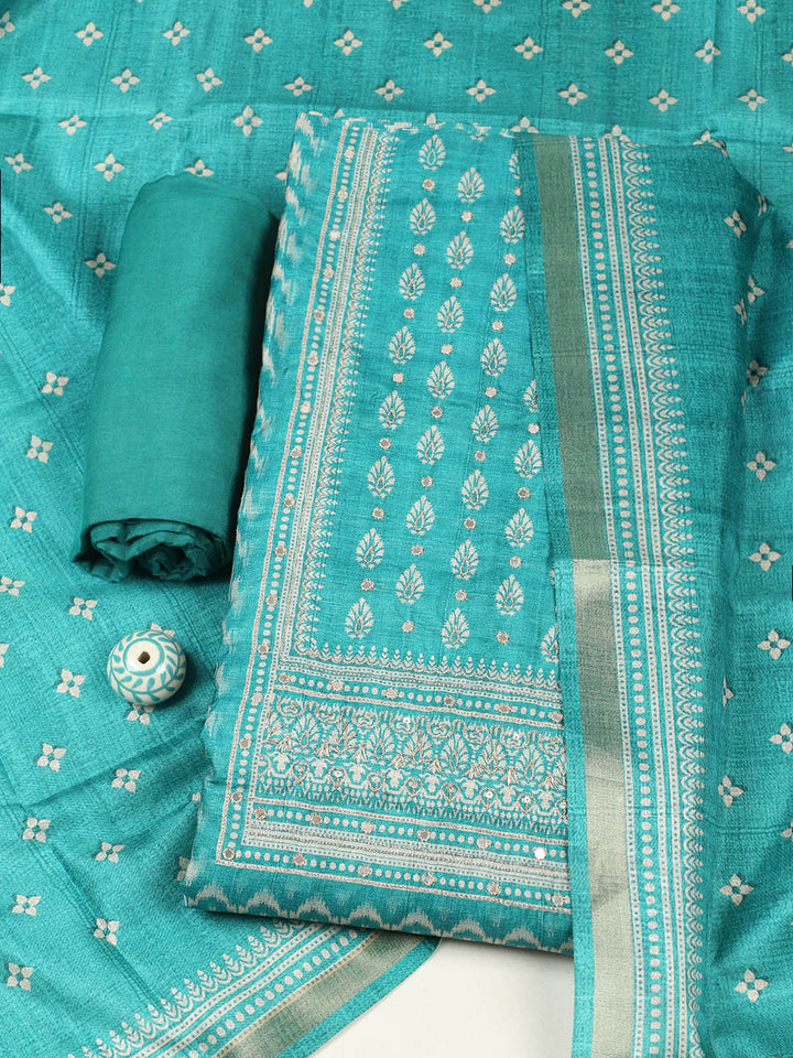 Embroidered Chanderi Unstitched Suit With Pant &amp; Dupatta