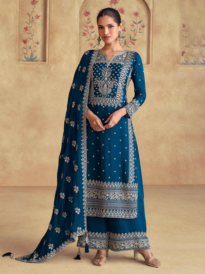 Embroidered Chinon Silk Kurta With Plazzo &amp; Dupatta