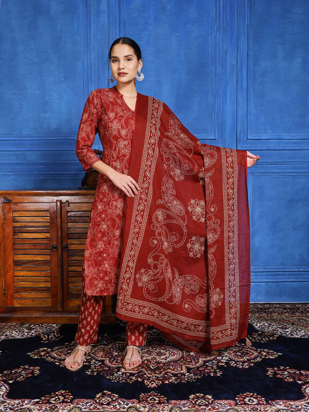Printed Cotton Blend Kurta With Pants & Dupatta