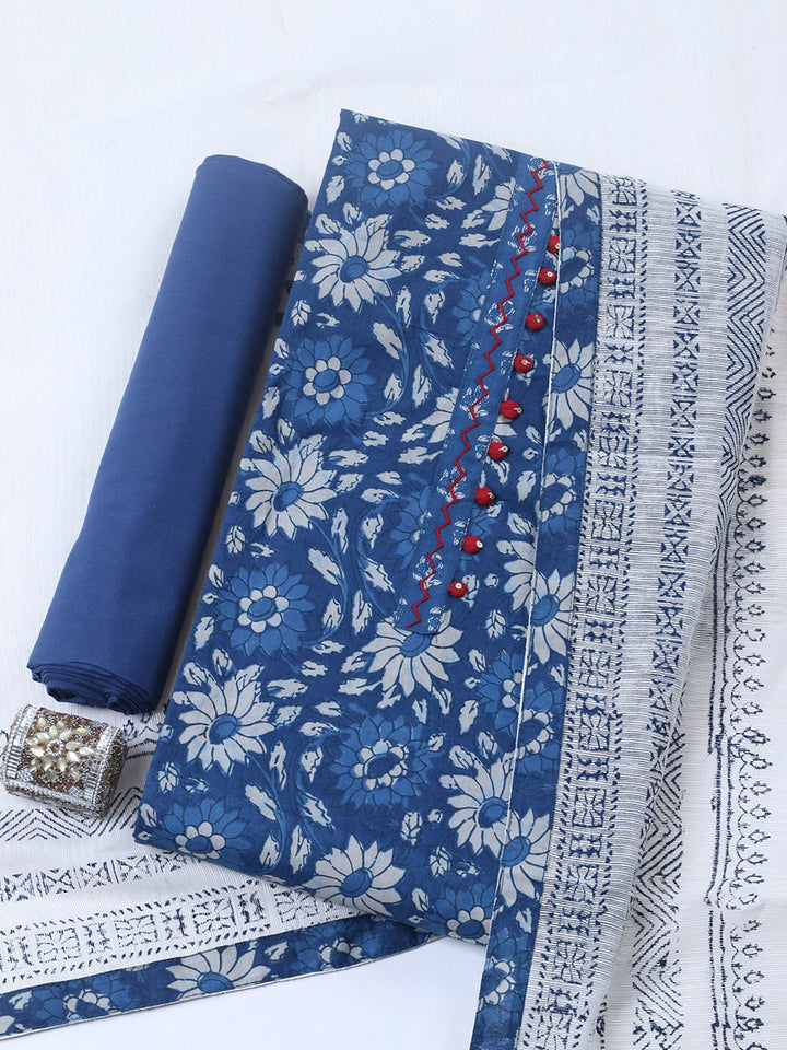 Embroidered Cotton Blend Unstitched Suit With Pant &amp; Dupatta